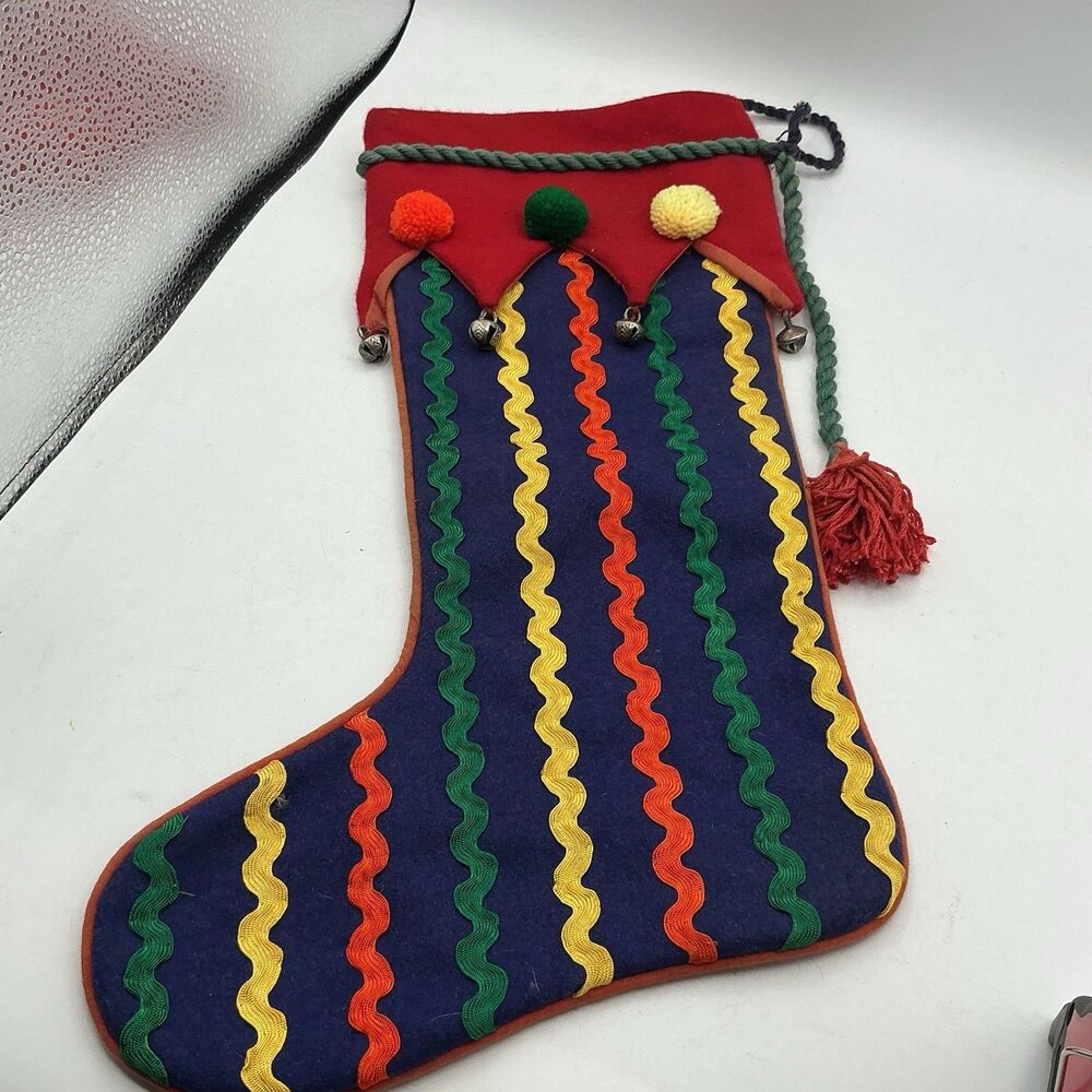 Crate & Barrel Ric Rac Christmas Stocking Wool Pom Poms Bells 18” Retired